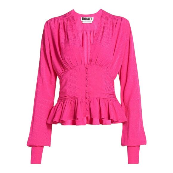 Rotate Birger Christensen NWT Tracy Peplum Top Size 4 Barbie Pink Ruched V-Neck - Picture 3 of 16